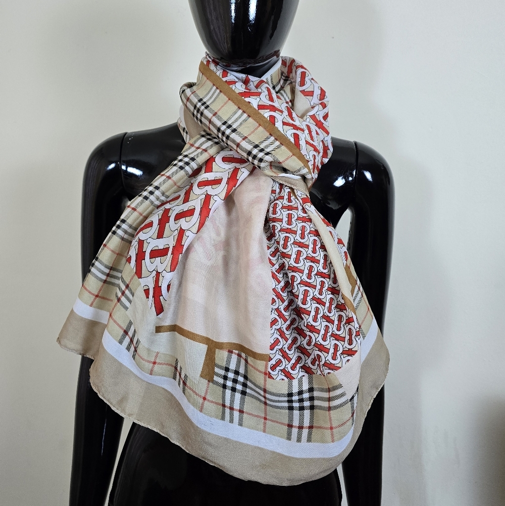 Elegant Beige and Red Patterned Scarf